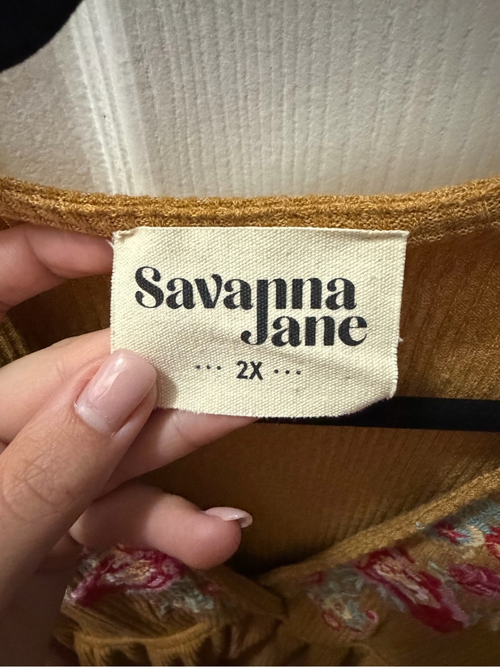 Savanna Jane Mustard Ribbed V-Neck Top with Pink Floral Embroidery - Picture 3 of 3